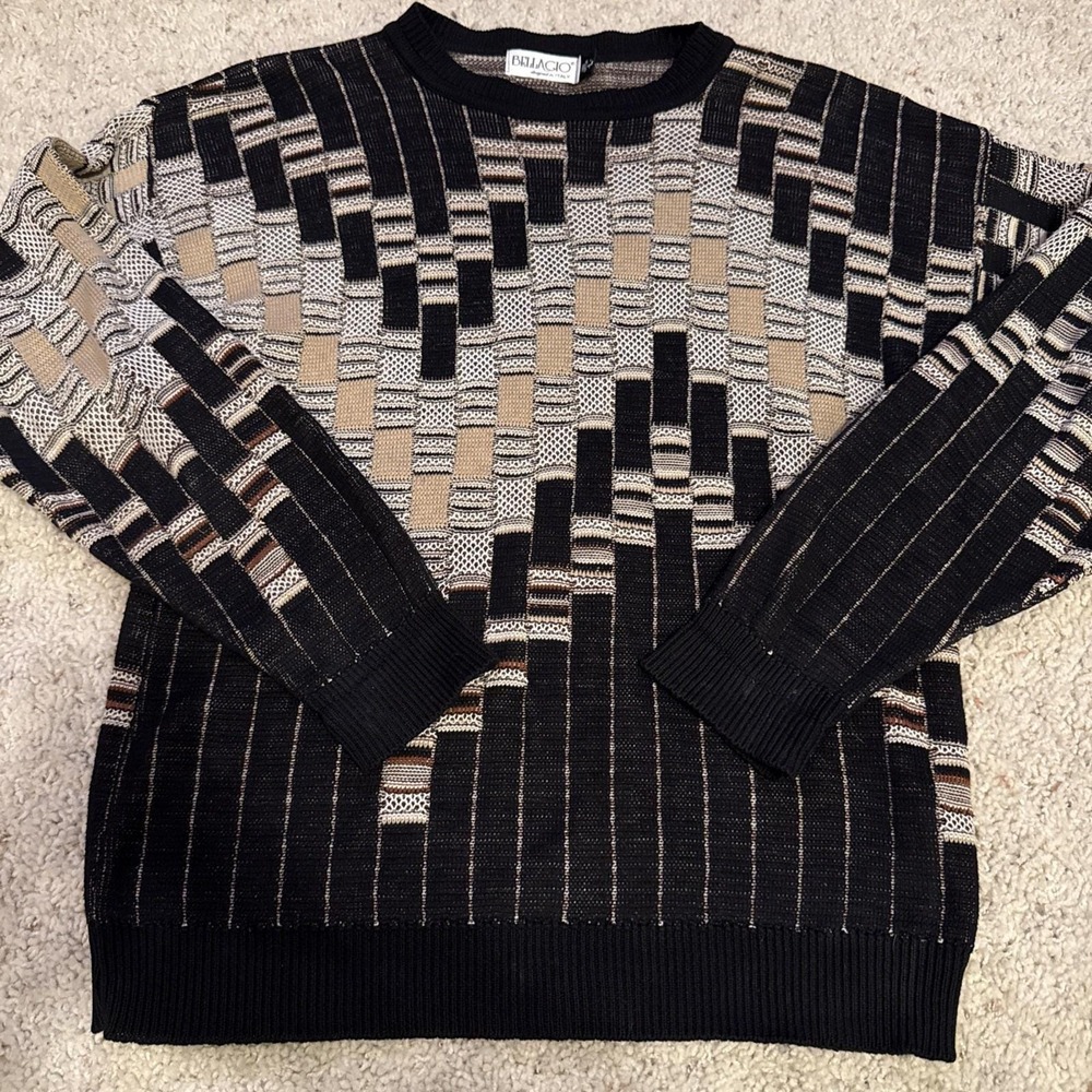 Vintage 90s Bellagio Black Woven Pattern‎ Cotton Knit Sweater Made In USA Large